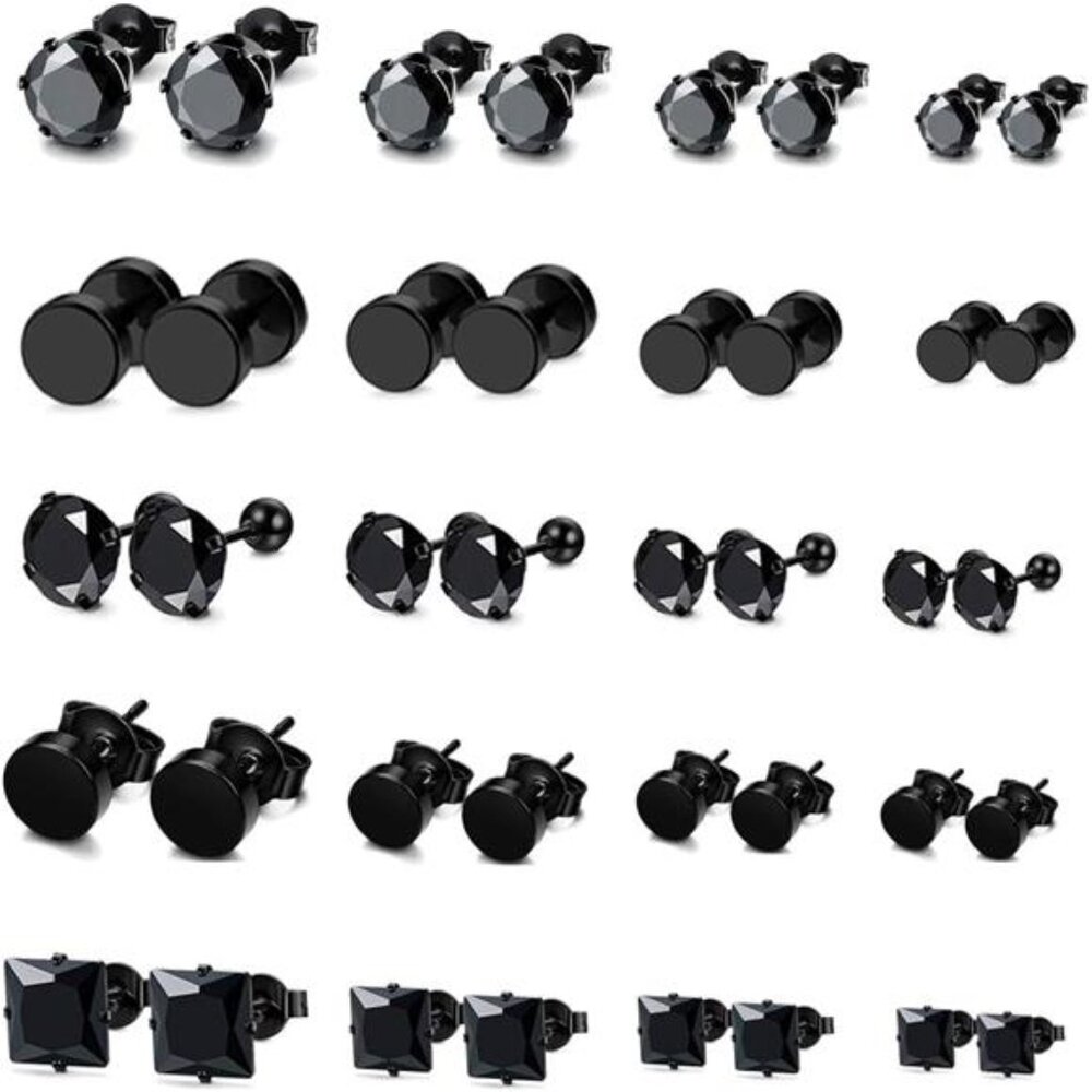 20 Pairs Stainless Steel Black Stud Earrings for Men Earring